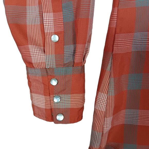 H Bar C Ranchwear Shirt Size 15-33 Long Tail Rusty Orange Plaid Snap Buttons - Picture 5 of 6